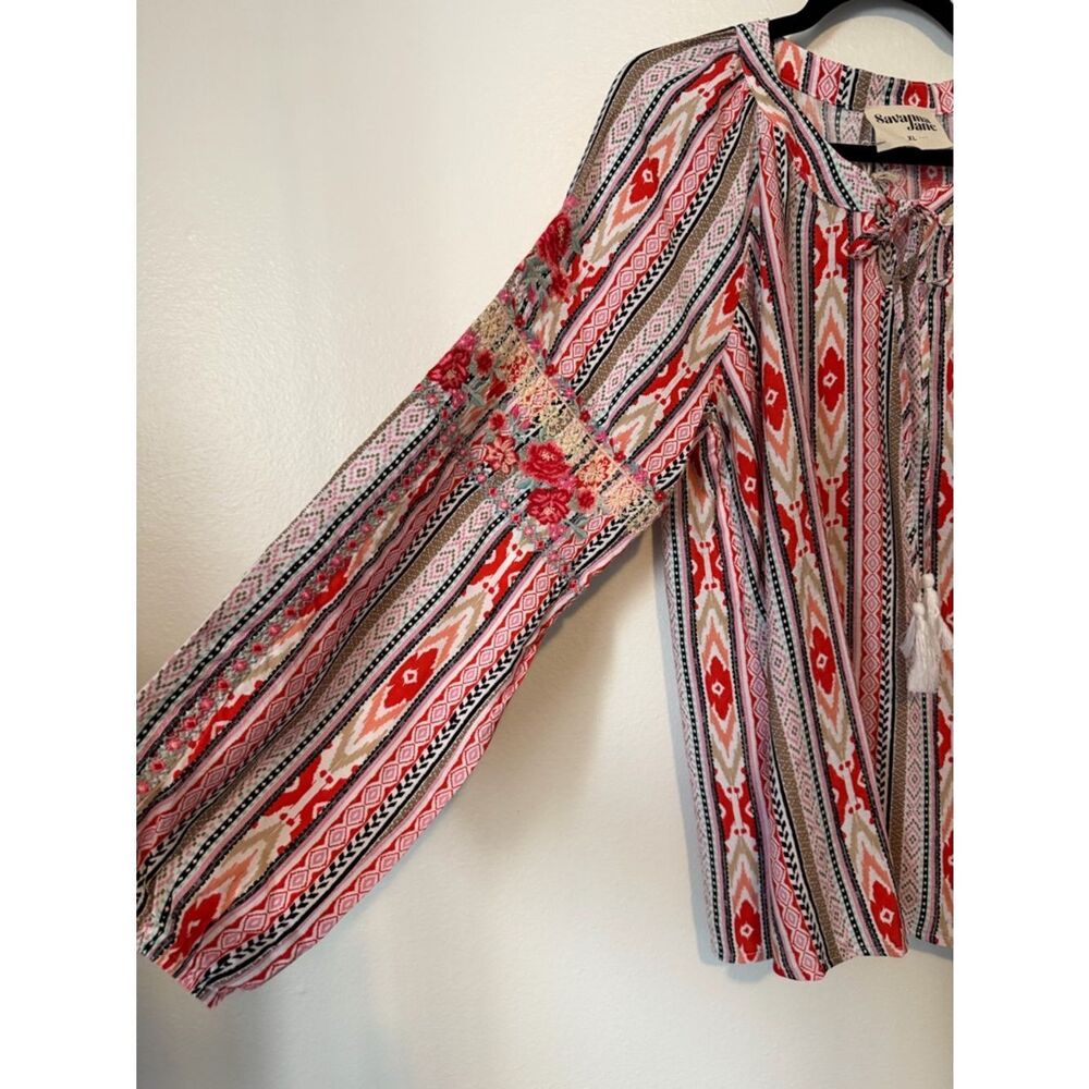 NWT SAVANNA JANE Top Womens Pink Cottagecore Peasant Southwest Pattern Size XL - Picture 4 of 9